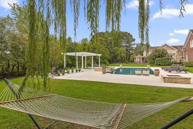 view of pool featuring an outdoor fire pit, a patio area, a yard, and a pergola