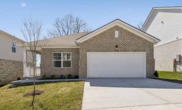 single story home featuring a garage, concrete driveway, roof with shingles, a front lawn, and brick siding