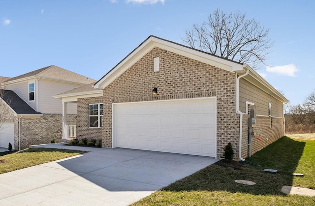 view of front facade featuring concrete driveway, brick siding, an attached garage, and a front yard