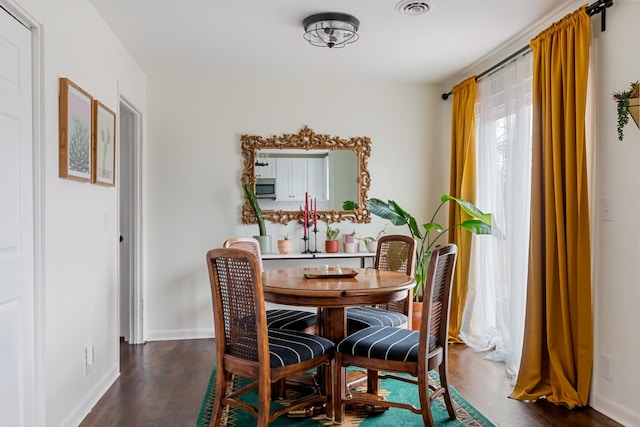 dining room featuring dark wood-type flooring, visible vents, and baseboards