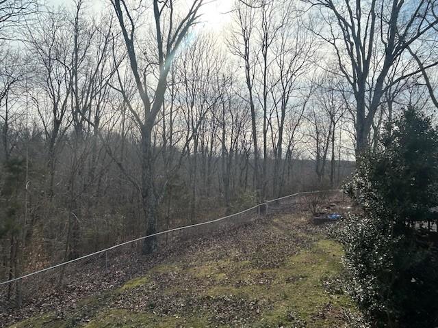 view of landscape featuring a forest view