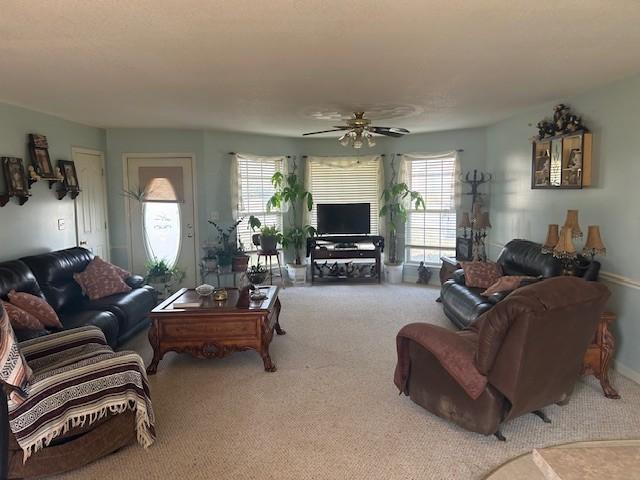 carpeted living area with a healthy amount of sunlight and ceiling fan