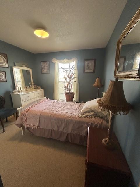 carpeted bedroom with a textured ceiling