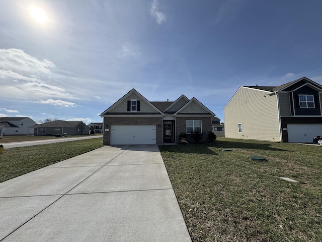 view of front of property featuring concrete driveway, brick siding, and a front lawn