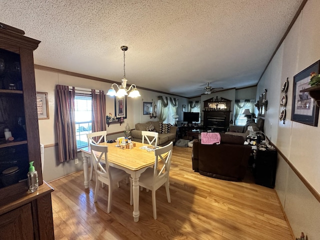 dining space with ornamental molding, light wood finished floors, a textured ceiling, and ceiling fan with notable chandelier