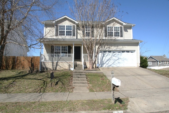 traditional home with a porch, stairway, an attached garage, fence, and driveway