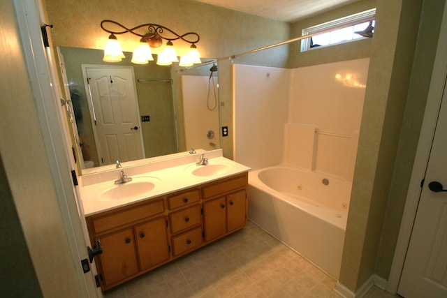 bathroom with tile patterned floors, a combined bath / shower with jetted tub, a sink, and double vanity