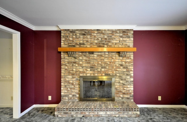 unfurnished living room with a fireplace, baseboards, crown molding, and carpet flooring