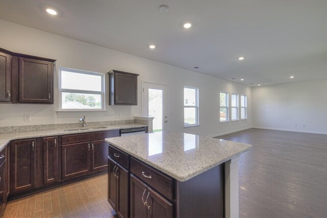 kitchen featuring plenty of natural light, a sink, recessed lighting, and wood finished floors