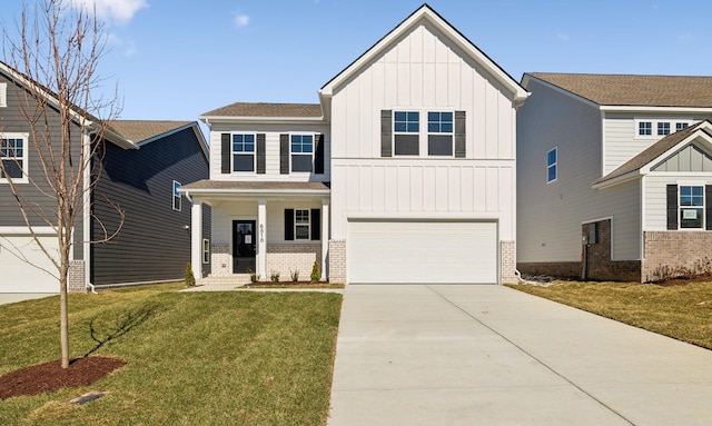 modern farmhouse style home with board and batten siding, concrete driveway, and brick siding