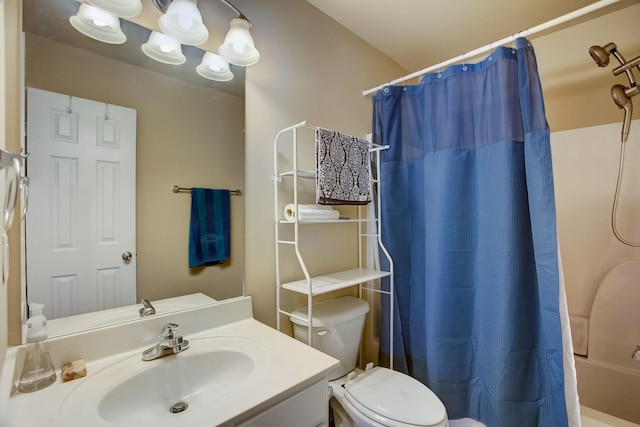 full bath featuring toilet, shower / tub combo, and vanity