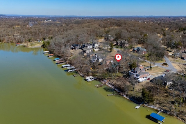 birds eye view of property featuring a water view and a view of trees