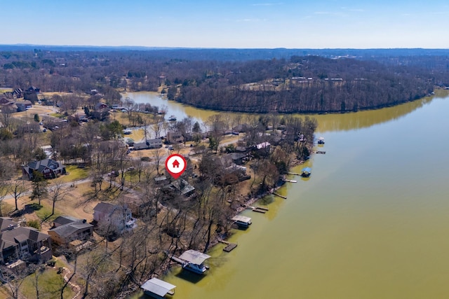 bird's eye view with a water view and a view of trees