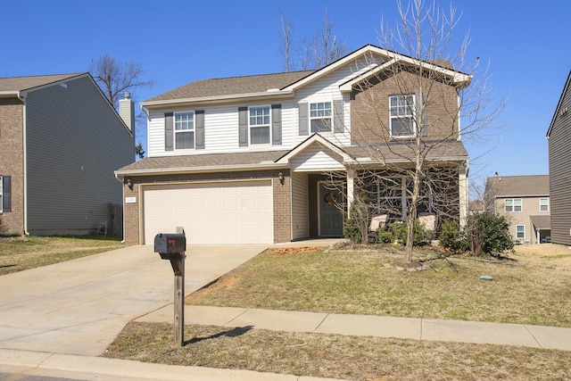 view of front of house featuring driveway, a garage, brick siding, roof with shingles, and a front yard