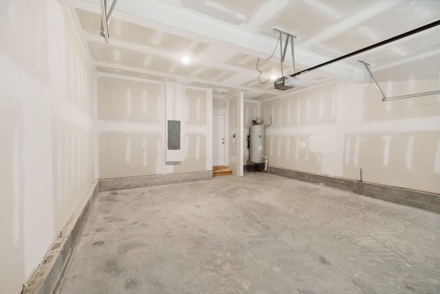 garage featuring electric panel, a garage door opener, and electric water heater