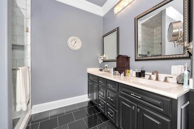 18543 Tillman Mill Rd, Athens, AL 35614 - full bath with crown molding, double vanity, a sink, a tile shower, and baseboards