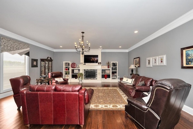 18543 Tillman Mill Rd, Athens, AL 35614 - living area with crown molding, a fireplace with raised hearth, and dark wood finished floors