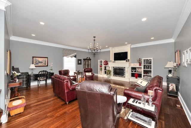 18543 Tillman Mill Rd, Athens, AL 35614 - living area with a glass covered fireplace, dark wood-style flooring, baseboards, and an inviting chandelier