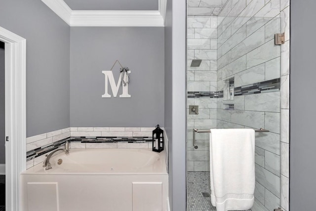 18543 Tillman Mill Rd, Athens, AL 35614 - bathroom featuring a garden tub, a shower stall, and crown molding
