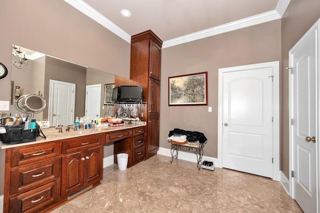18707 Tillman Mill Rd, Athens, AL 35614 - bathroom with baseboards, crown molding, and vanity