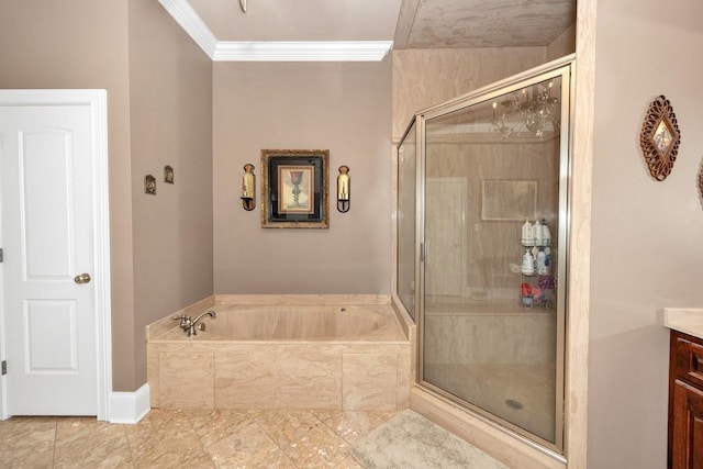 18707 Tillman Mill Rd, Athens, AL 35614 - full bathroom with a stall shower, crown molding, a bath, and vanity