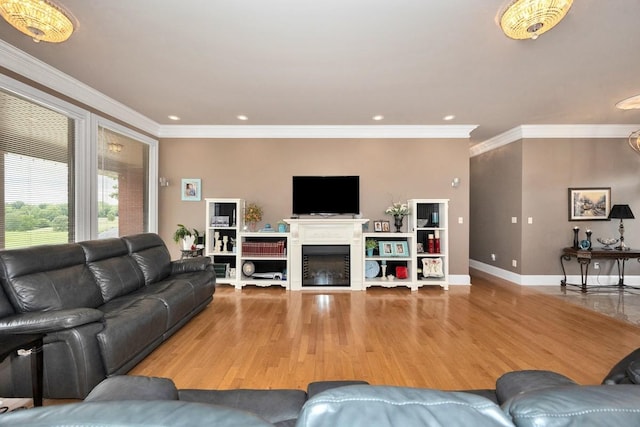 18707 Tillman Mill Rd, Athens, AL 35614 - living room with recessed lighting, a fireplace, wood finished floors, baseboards, and crown molding