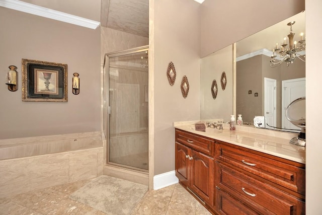 18707 Tillman Mill Rd, Athens, AL 35614 - full bath with a stall shower, an inviting chandelier, crown molding, and vanity
