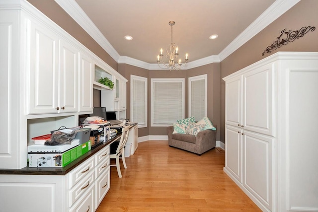 18707 Tillman Mill Rd, Athens, AL 35614 - home office featuring a chandelier, recessed lighting, ornamental molding, and light wood finished floors