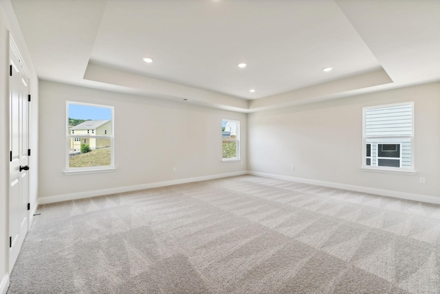 spare room featuring baseboards, a tray ceiling, and light colored carpet