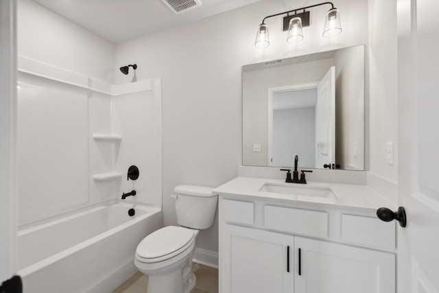 full bathroom with shower / tub combination, toilet, vanity, visible vents, and baseboards