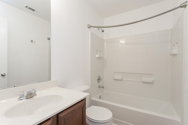 full bathroom featuring toilet, shower / tub combination, visible vents, and vanity