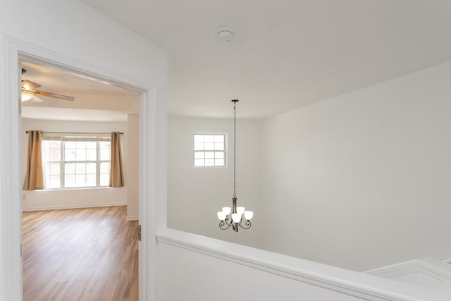 corridor featuring a chandelier, wood finished floors, and baseboards