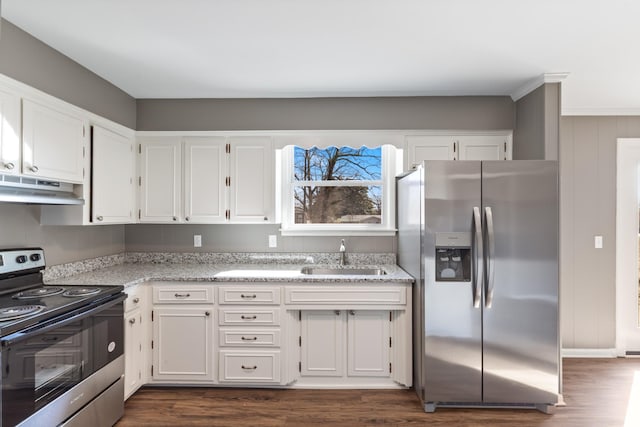 kitchen featuring stainless steel appliances, white cabinets, a sink, and under cabinet range hood