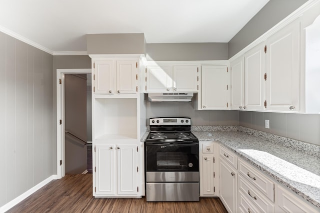 kitchen with dark wood-type flooring, white cabinets, stainless steel range with electric cooktop, and under cabinet range hood