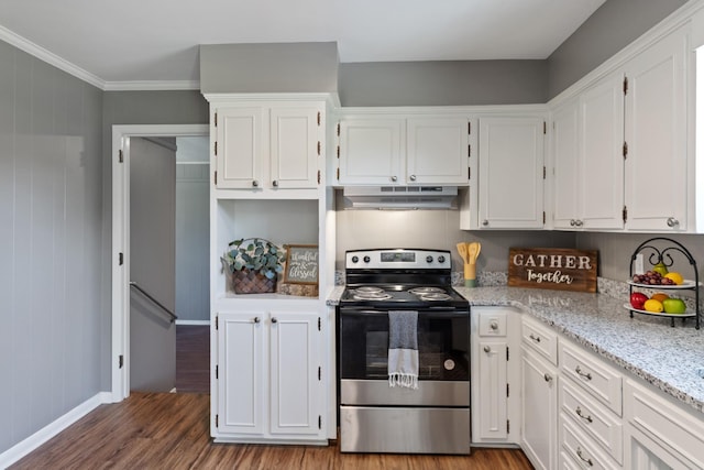 100 Eleazer Dr, Dickson, TN 37055 - kitchen featuring electric range, wood finished floors, under cabinet range hood, white cabinets, and light stone counters