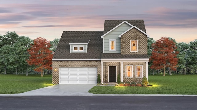 view of front of home featuring driveway, an attached garage, a front lawn, and roof with shingles