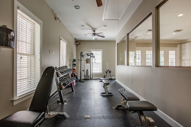 workout area featuring ceiling fan, recessed lighting, visible vents, baseboards, and attic access