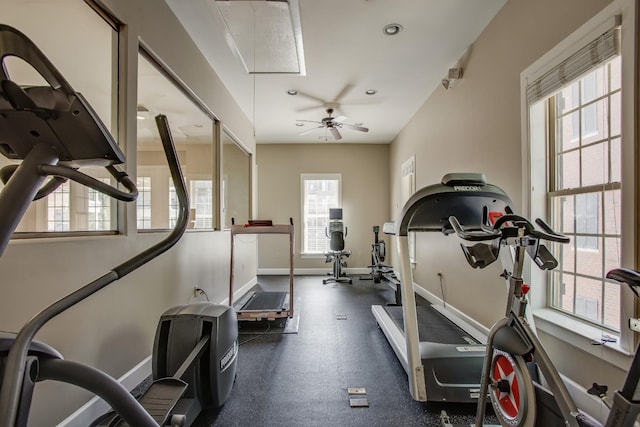 workout room with attic access, baseboards, ceiling fan, and recessed lighting