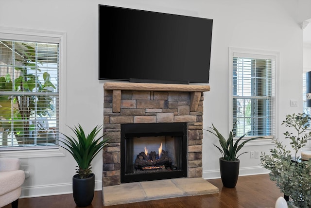 room details featuring a fireplace, wood finished floors, and baseboards