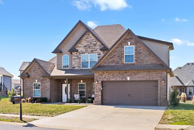 craftsman-style home featuring driveway, a garage, roof with shingles, a front lawn, and brick siding