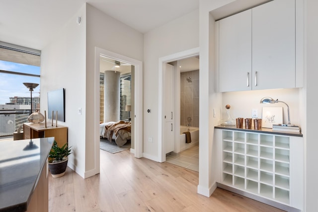 hall with baseboards and light wood finished floors