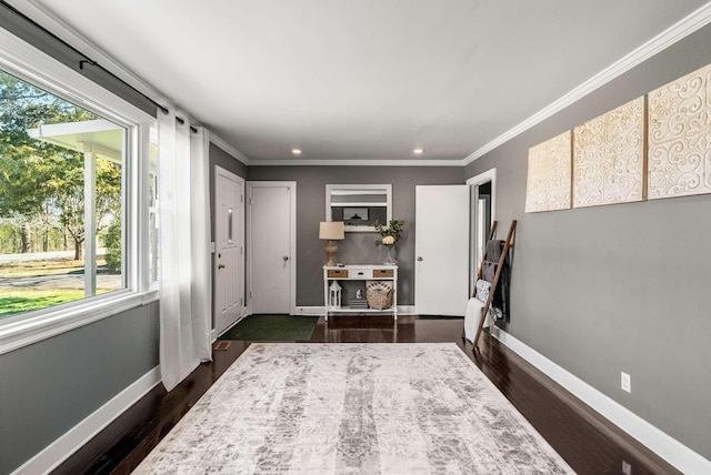 interior space featuring baseboards, dark wood-style flooring, and ornamental molding