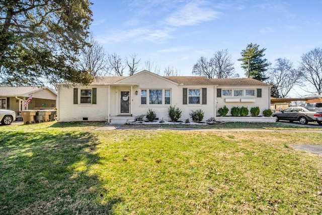 single story home featuring brick siding, crawl space, and a front lawn