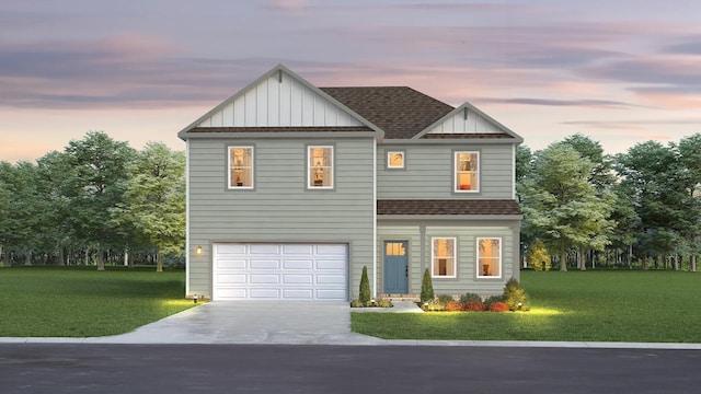 view of front of property with a shingled roof, concrete driveway, an attached garage, board and batten siding, and a front yard