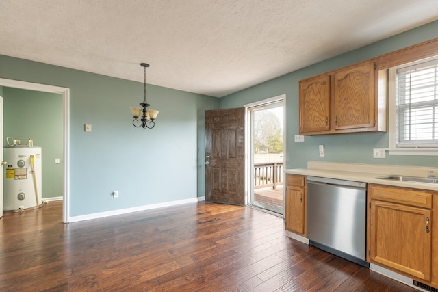 kitchen with water heater, dark wood-type flooring, stainless steel dishwasher, and light countertops