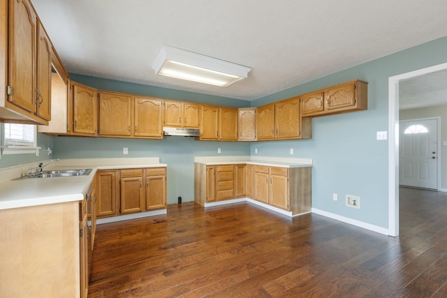 kitchen with under cabinet range hood, dark wood-style flooring, a sink, baseboards, and brown cabinets