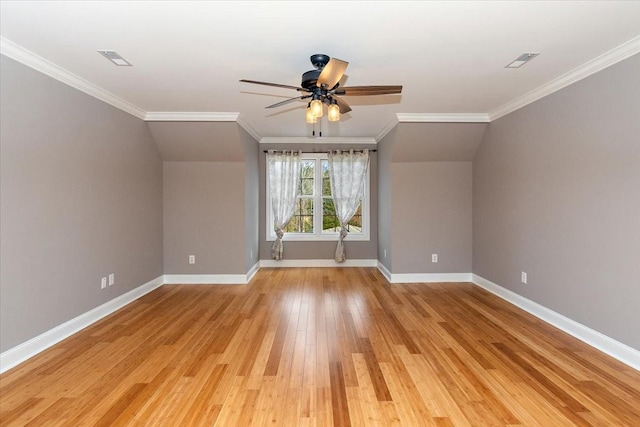 bonus room with light wood-style floors, visible vents, baseboards, and a ceiling fan