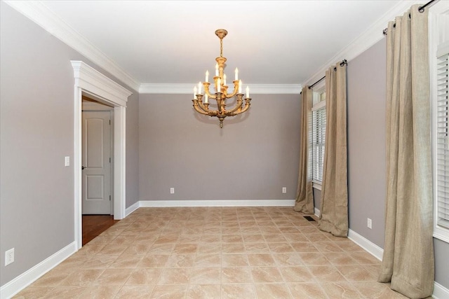 unfurnished room featuring baseboards, a chandelier, visible vents, and crown molding