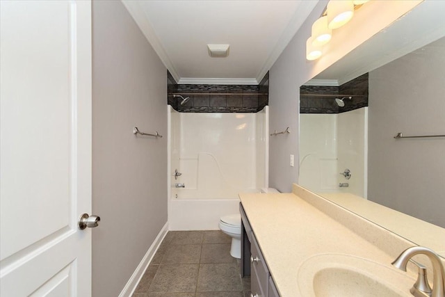 full bathroom with shower / bath combination, vanity, toilet, and crown molding