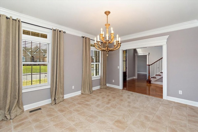 empty room with visible vents, crown molding, stairway, and a notable chandelier